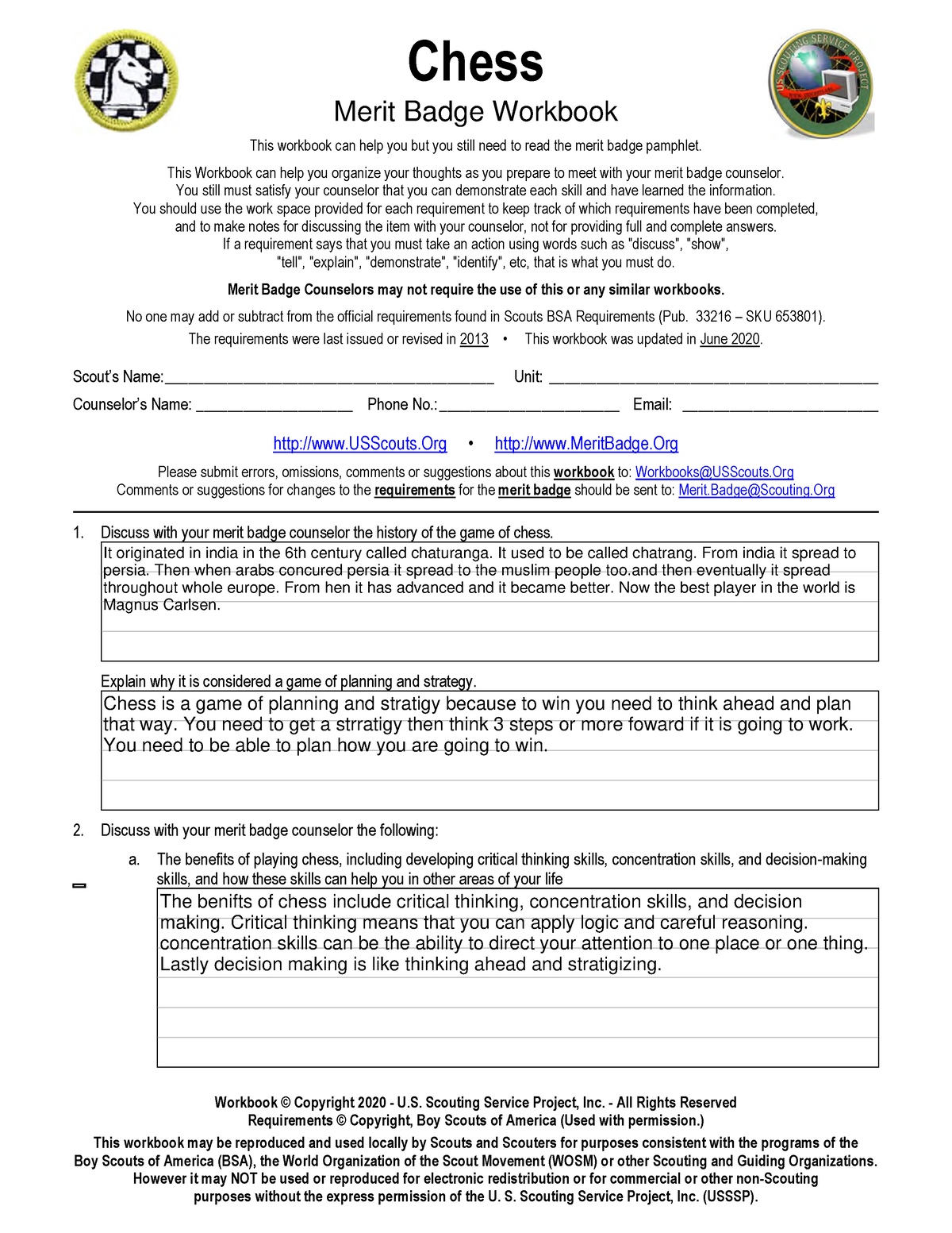 Chess DONE Ssss Chess Merit Badge Workbook This Workbook Can 