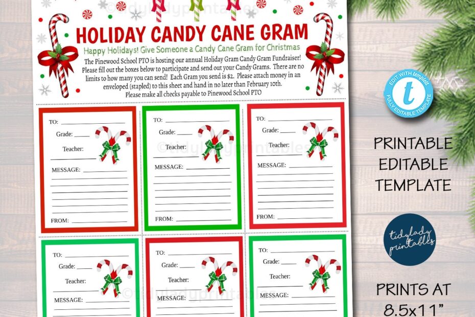 Christmas Candy Cane Gram Flyer Holiday Candy Gram Fundraiser Santa Pto Pta School Church Fall Fundraiser Xmas Printable EDITABLE TEMPLATE