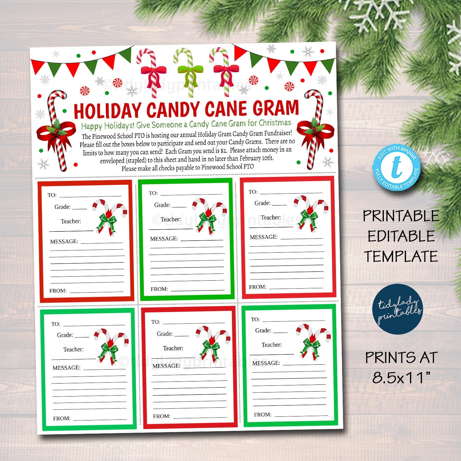 Christmas Candy Cane Gram Flyer Holiday Candy Gram Fundraiser Santa Pto Pta School Church Fall Fundraiser Xmas Printable EDITABLE TEMPLATE