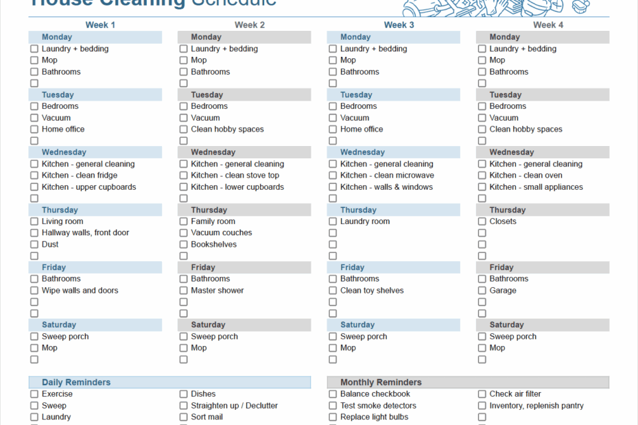 Cleaning Schedule Template Printable House Cleaning Checklist