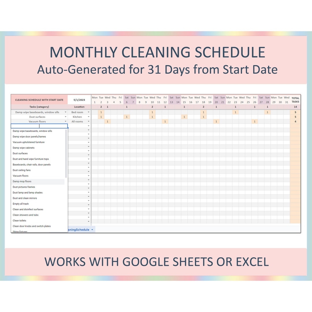 Cleaning Schedule Weekly Cleaning Checklist Cleaning Schedule Planner House Cleaning Schedule template Excel Google Sheets Editable Etsy