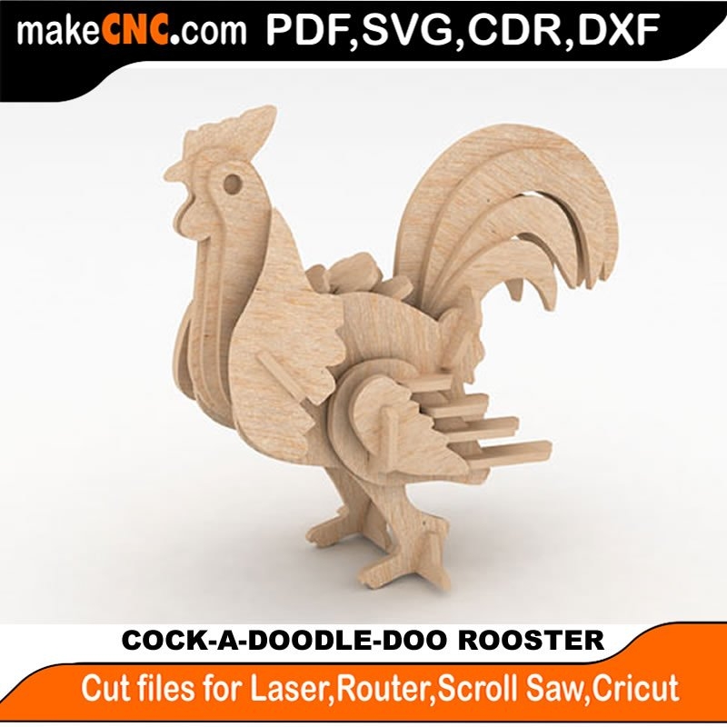 Cock A Doodle Doo Rooster 3D Puzzle Laser Cut Scroll Saw CNC Router Template Pattern DXF CDR SVG LaserscrollSVG