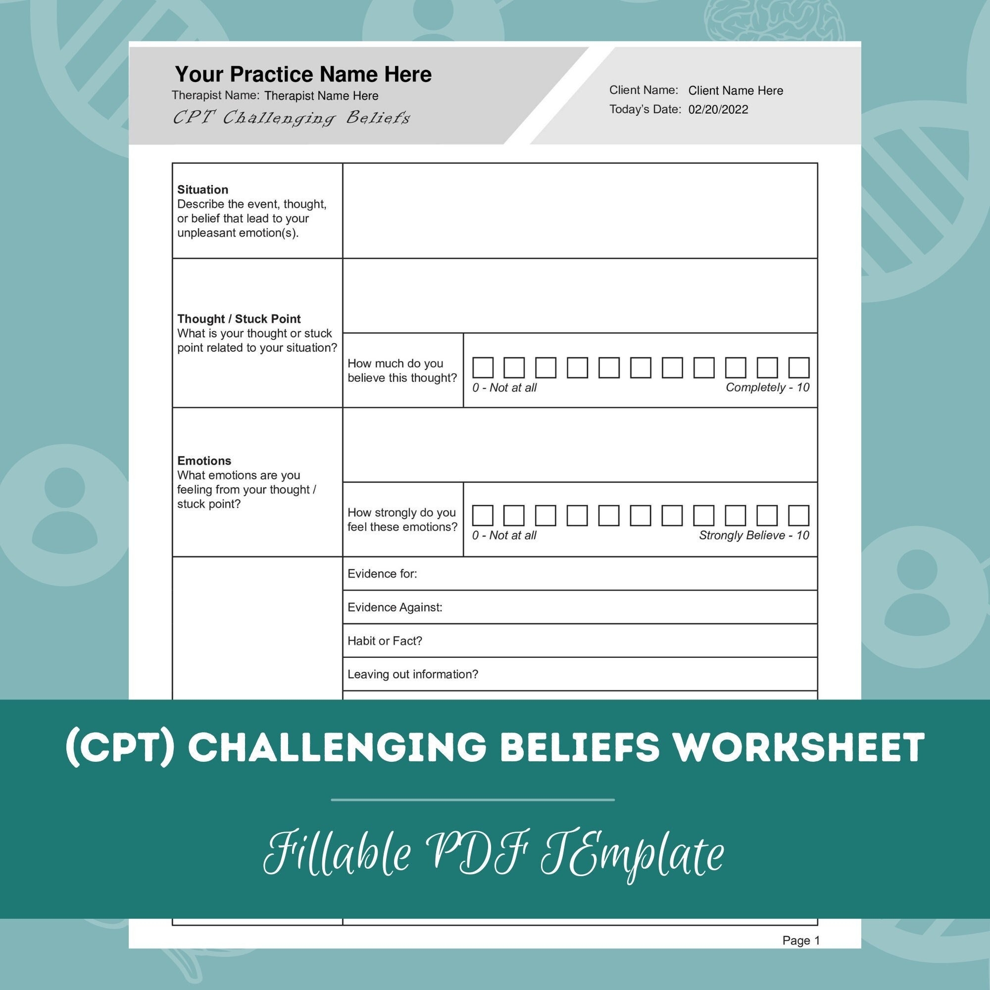 Cognitive Processing Therapy CPT Challenging Beliefs Worksheet Editable Fillable PDF For Counselors Psychologists Therapists