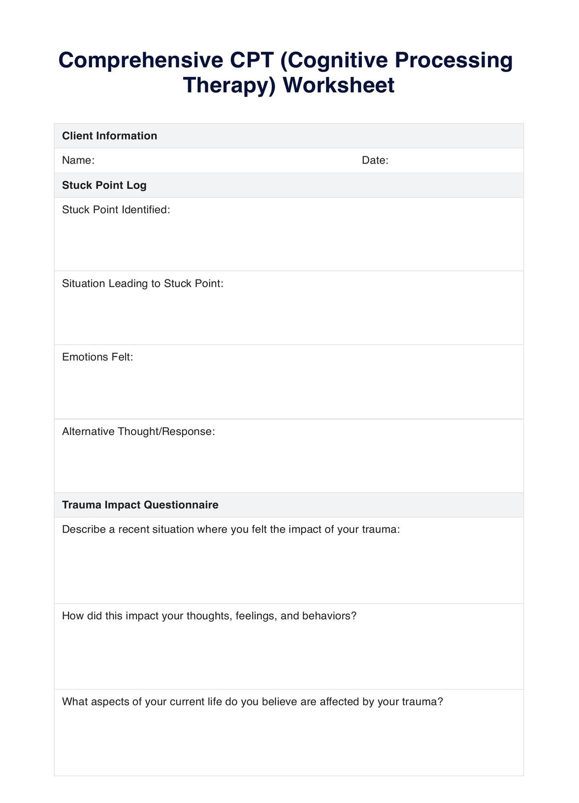 Cognitive Processing Therapy Worksheets U0026 Example Free PDF Download