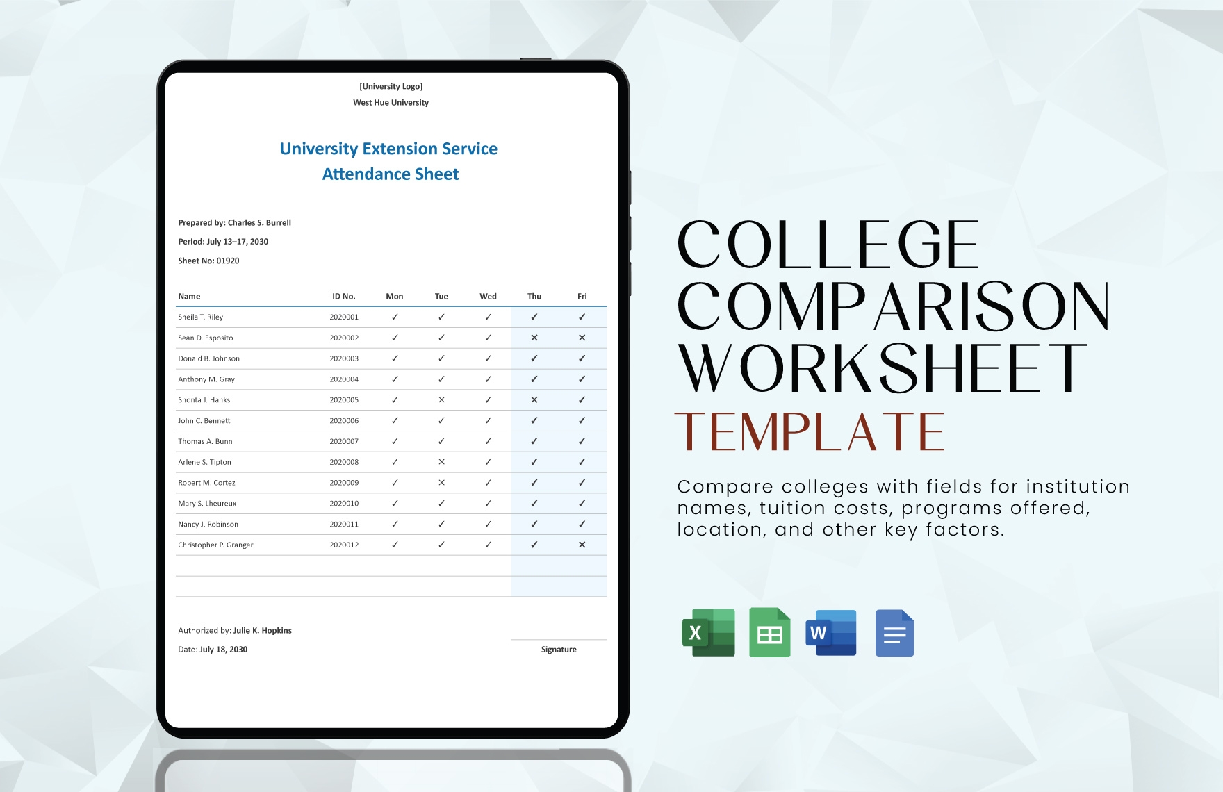 college comparison worksheet