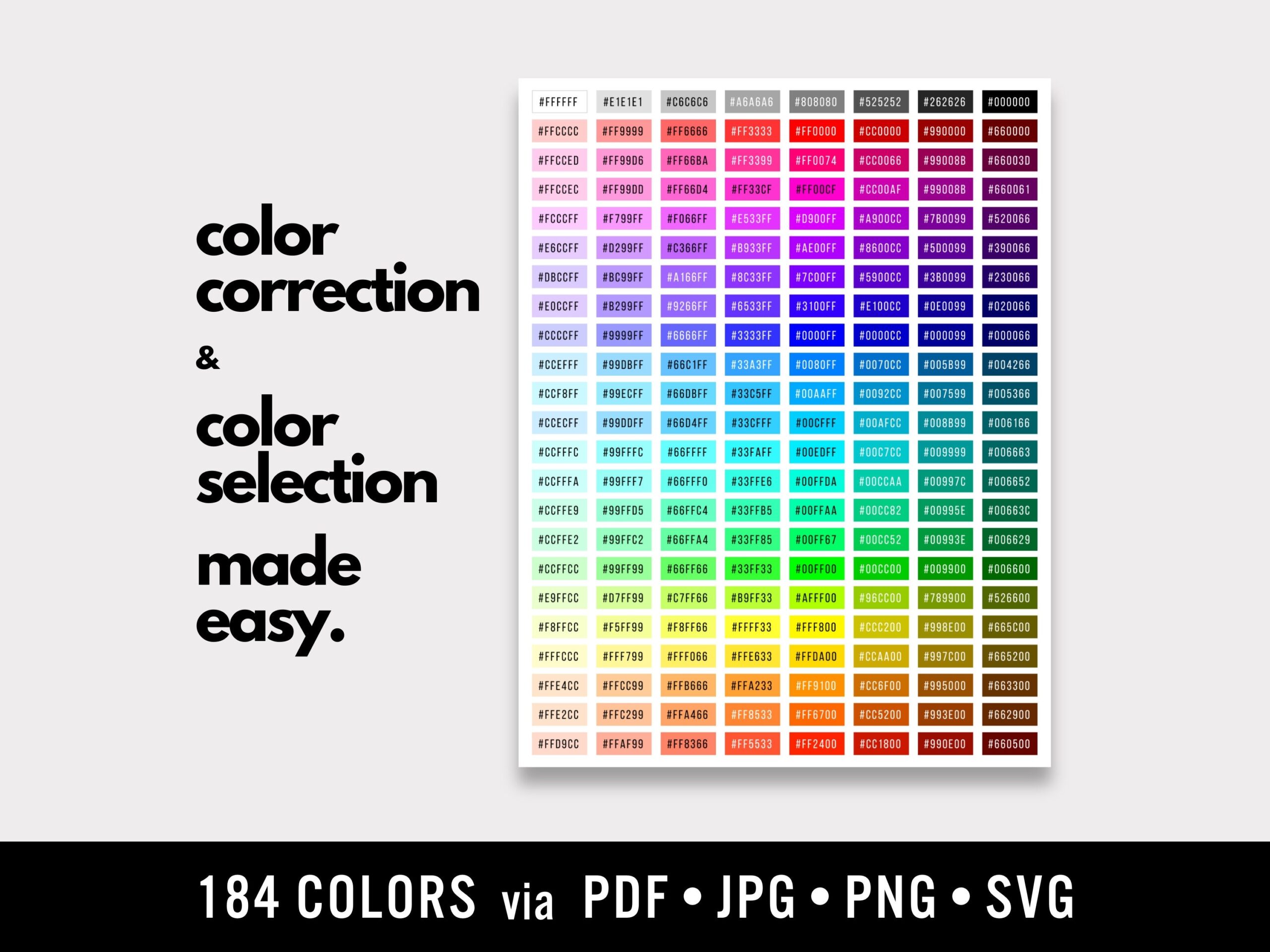 Color Correction HEX Code Color Chart Printable Designer Quick Reference Cheat Sheet