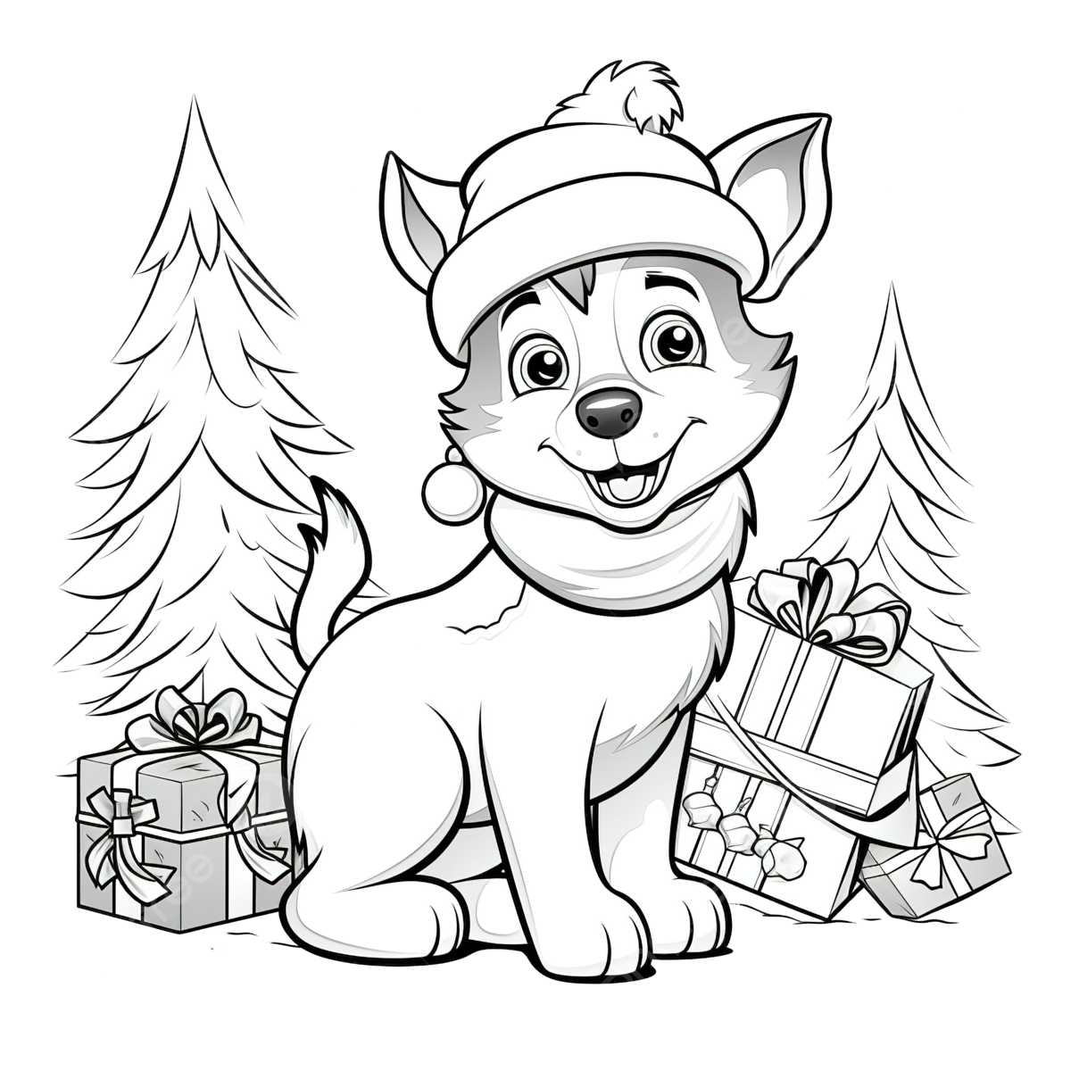 Coloring Book With A Cute Husky Dog Christmas Characters Using Santa Hat And Scarf Inside The House Coloring Book Christmas Coloring Dog Doodle PNG Transparent Image And Clipart For Free Download