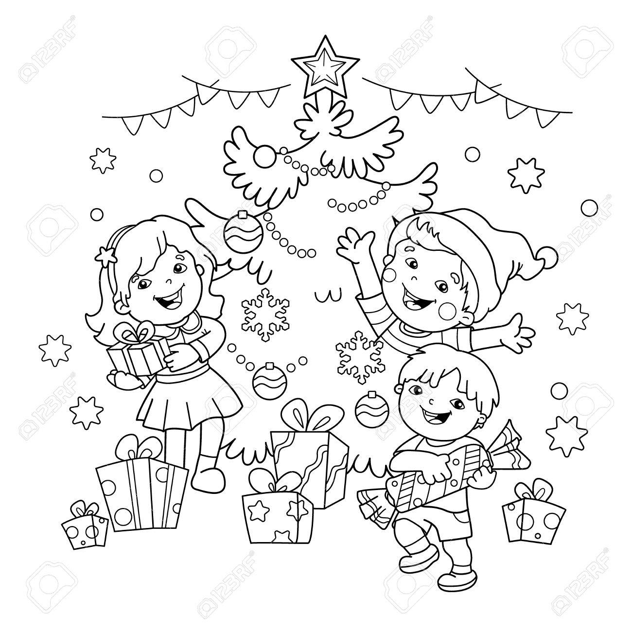 Coloring Page Outline Of Children With Gifts At Christmas Tree Christmas New Year Coloring Book For Kids Royalty Free SVG Cliparts Vectors And Stock Illustration Image 69804288 