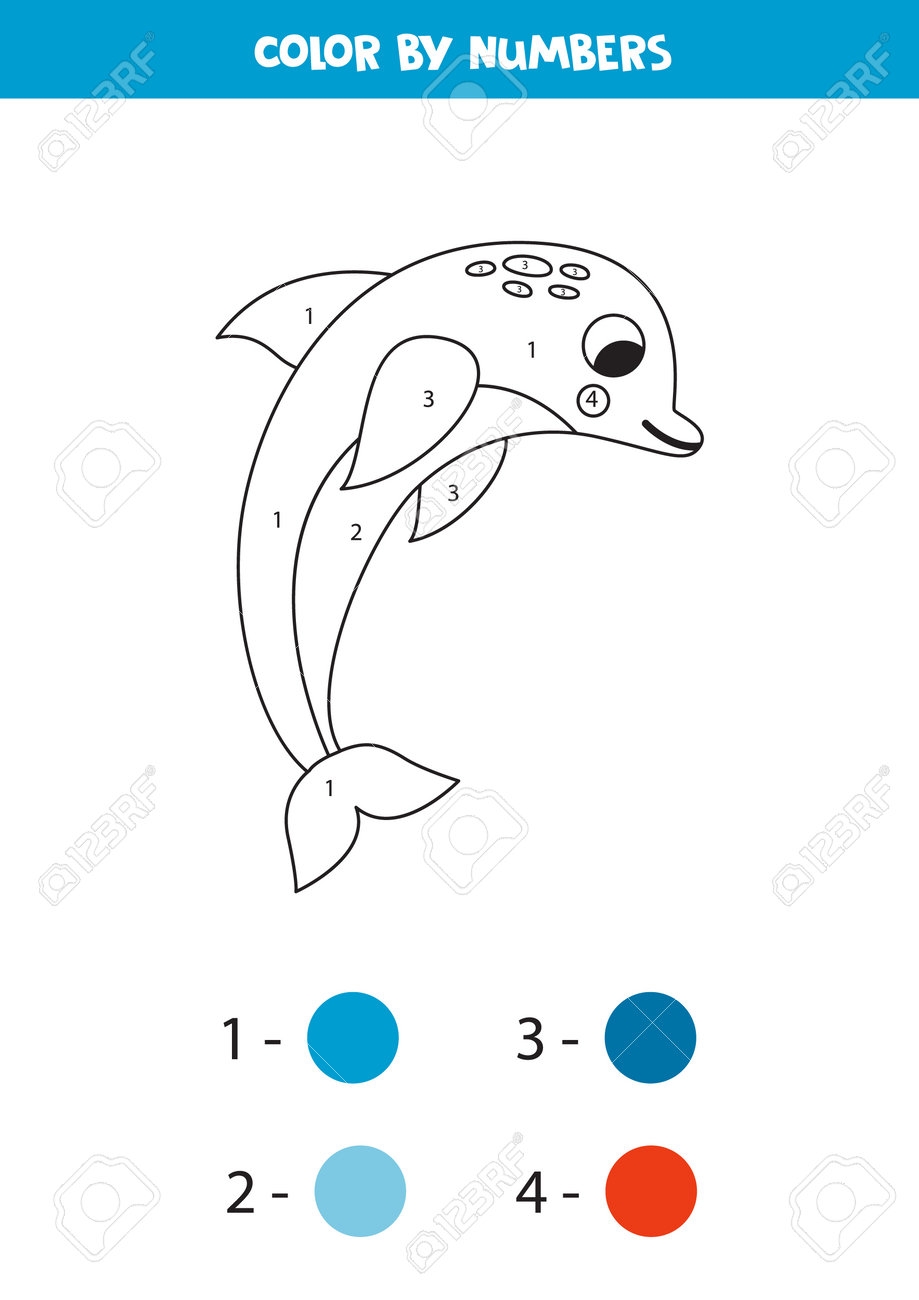 Coloring Page With Cute Sea Dolphin Color By Numbers Math Game 