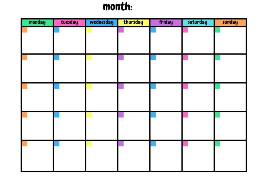 Colourful Blank Calendar Template 11 X 8 5 Inches Horizontal Printable Calendar Page PDF Printable Instant Download