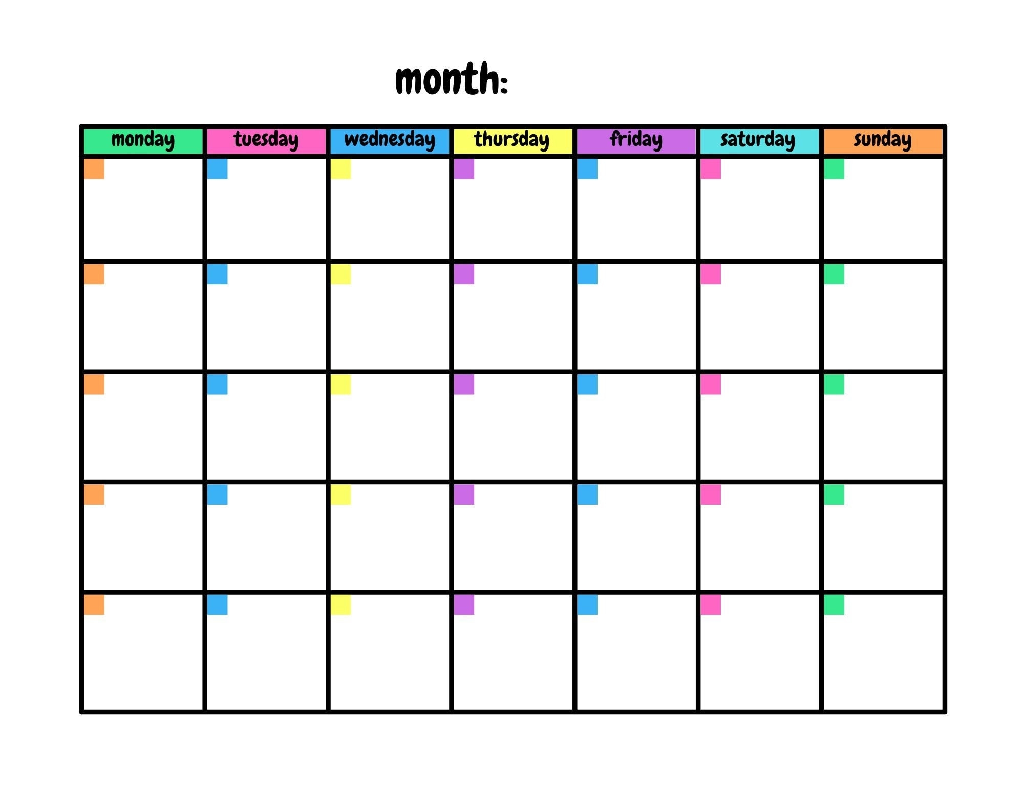 Colourful Blank Calendar Template 11 X 8 5 Inches Horizontal Printable Calendar Page PDF Printable Instant Download