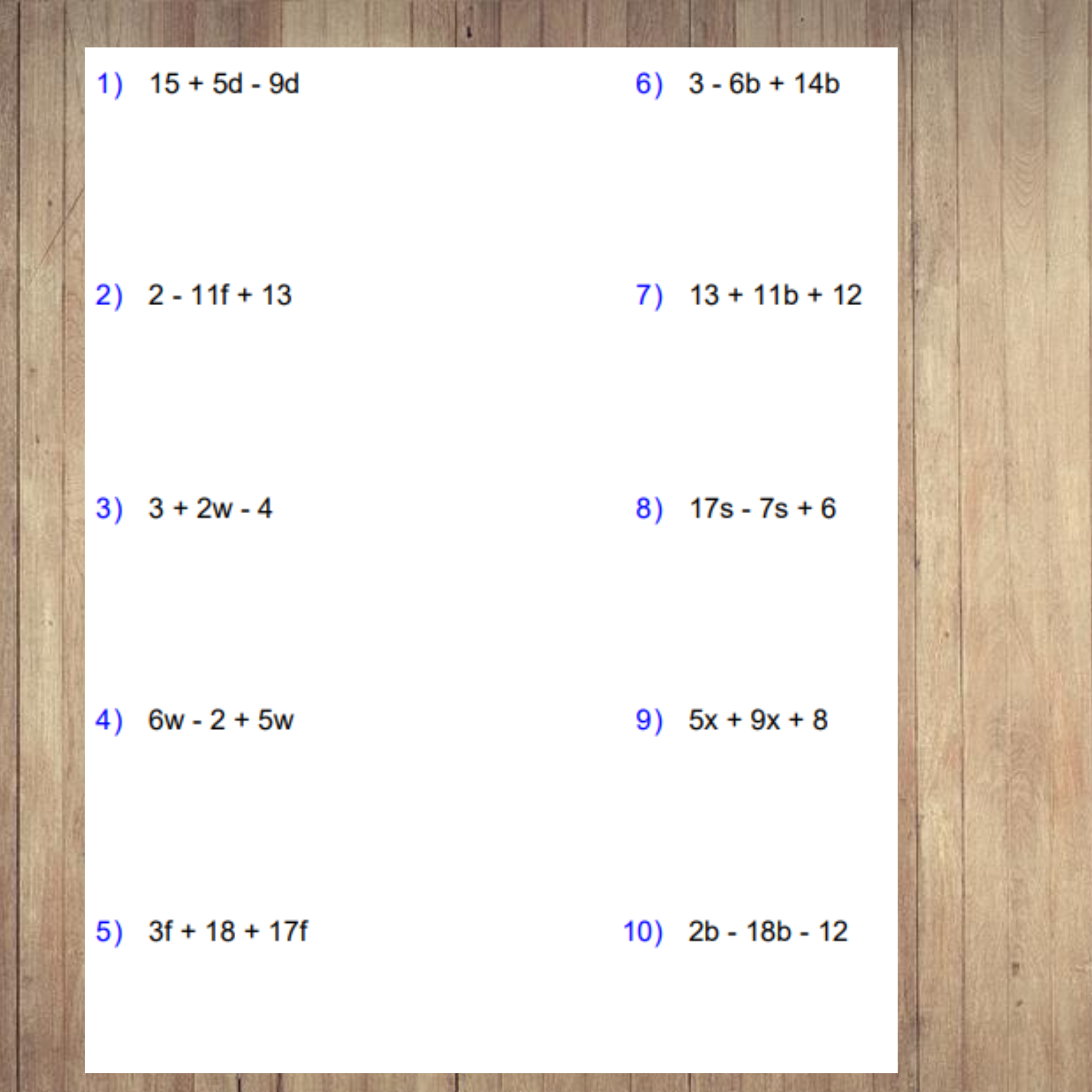 combining like terms worksheet