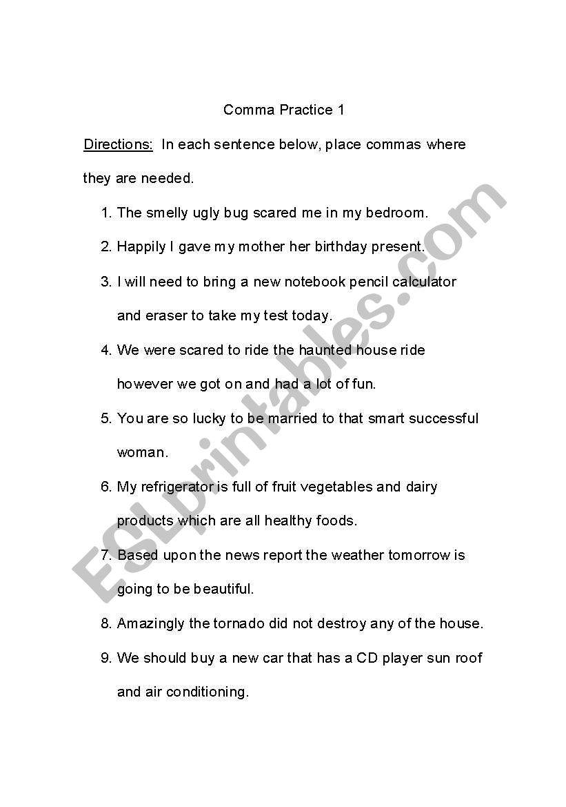 Comma Practice ESL Worksheet By Jenzab Worksheets Library
