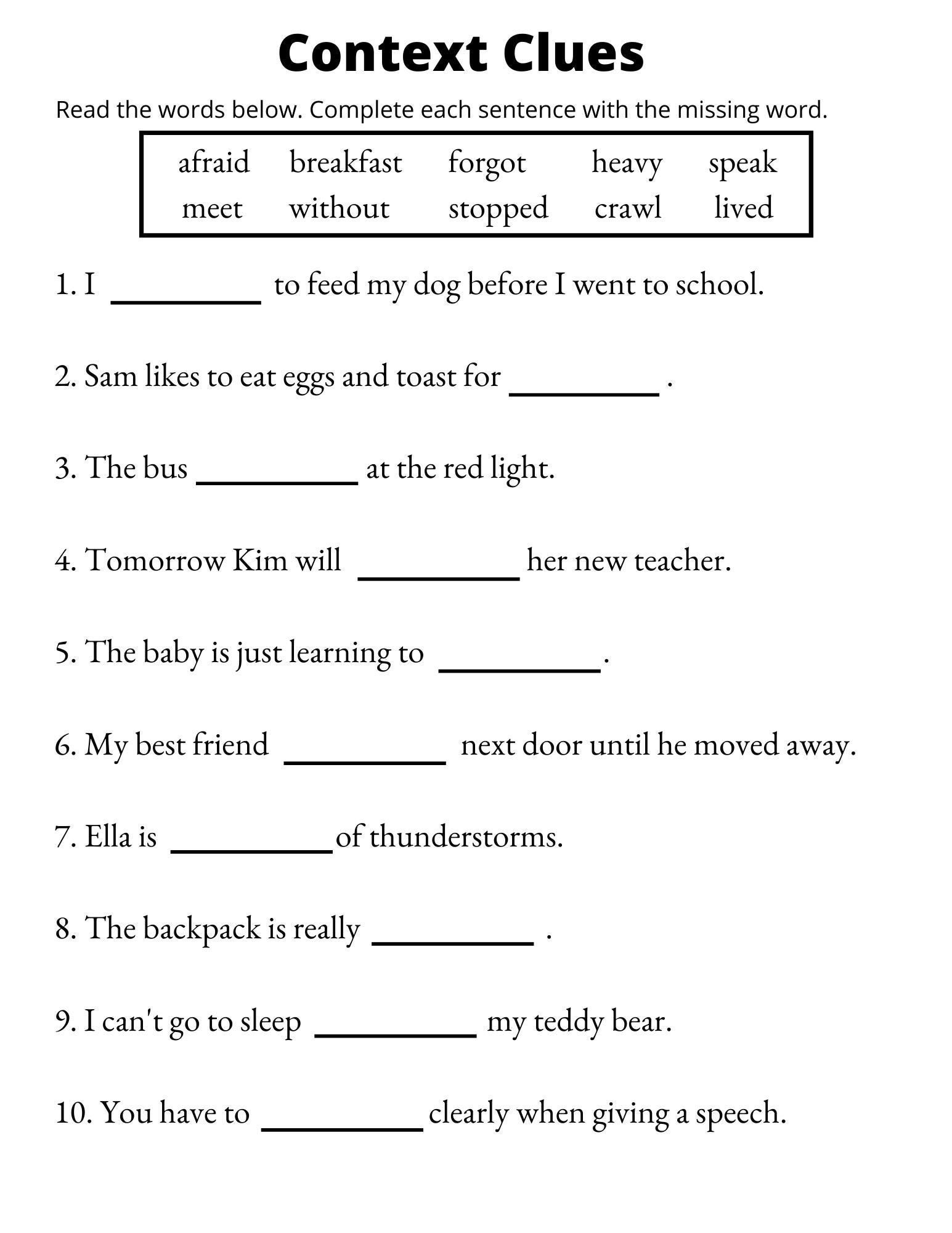 Context Clues Worksheets Vocabulary Printable 1st Through 
