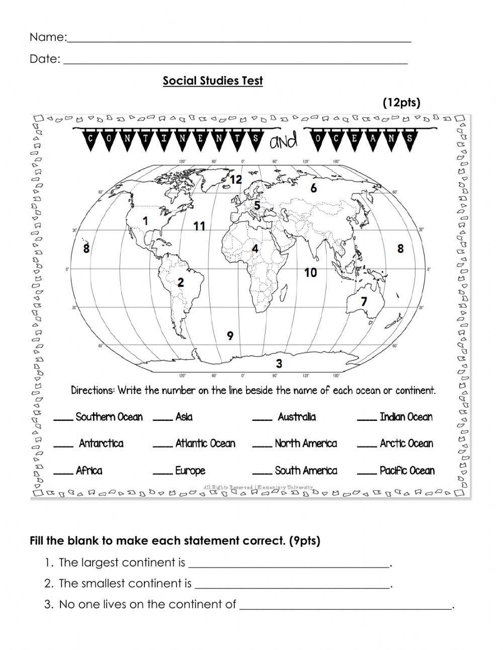 Continents And Oceans And Map Skills Worksheet Live Worksheets Worksheets Library
