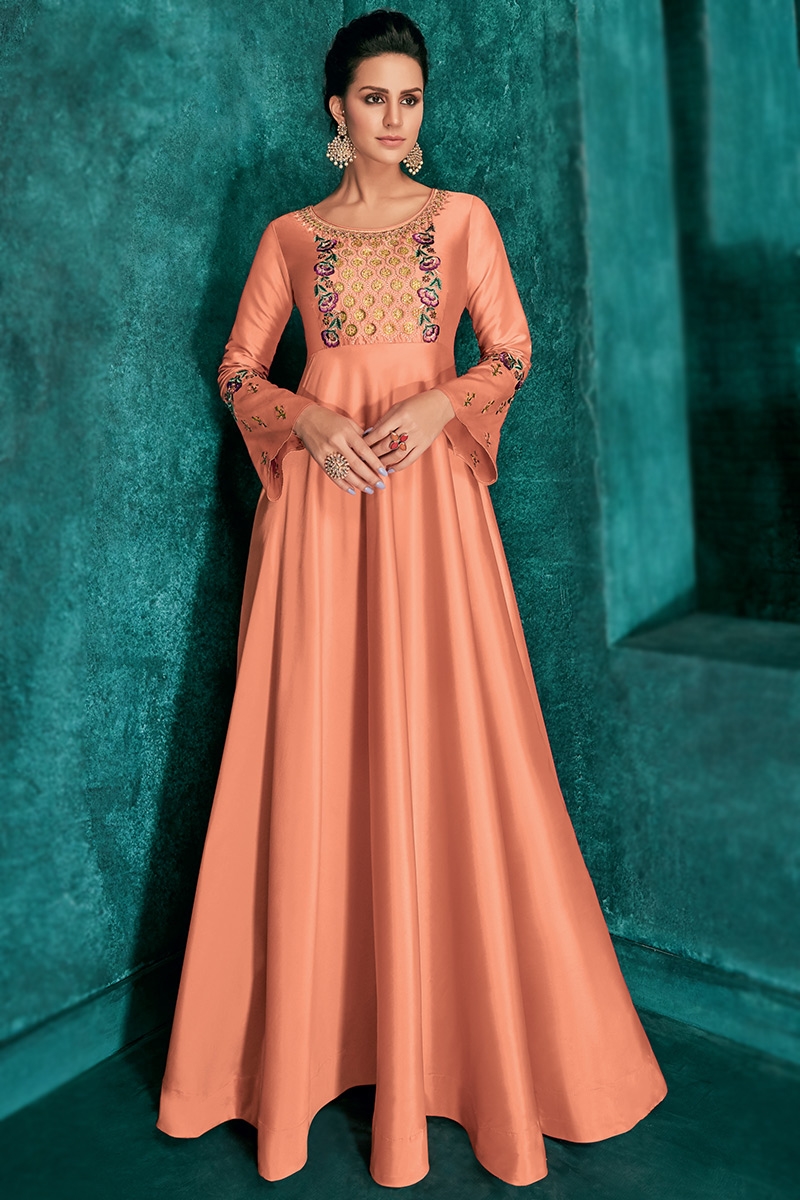 Coral Color Dress Gown In Coral Peach Embroidered Fabric LSTV122127