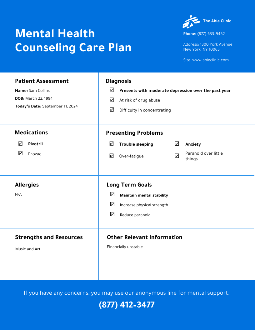 treatment plan template counseling