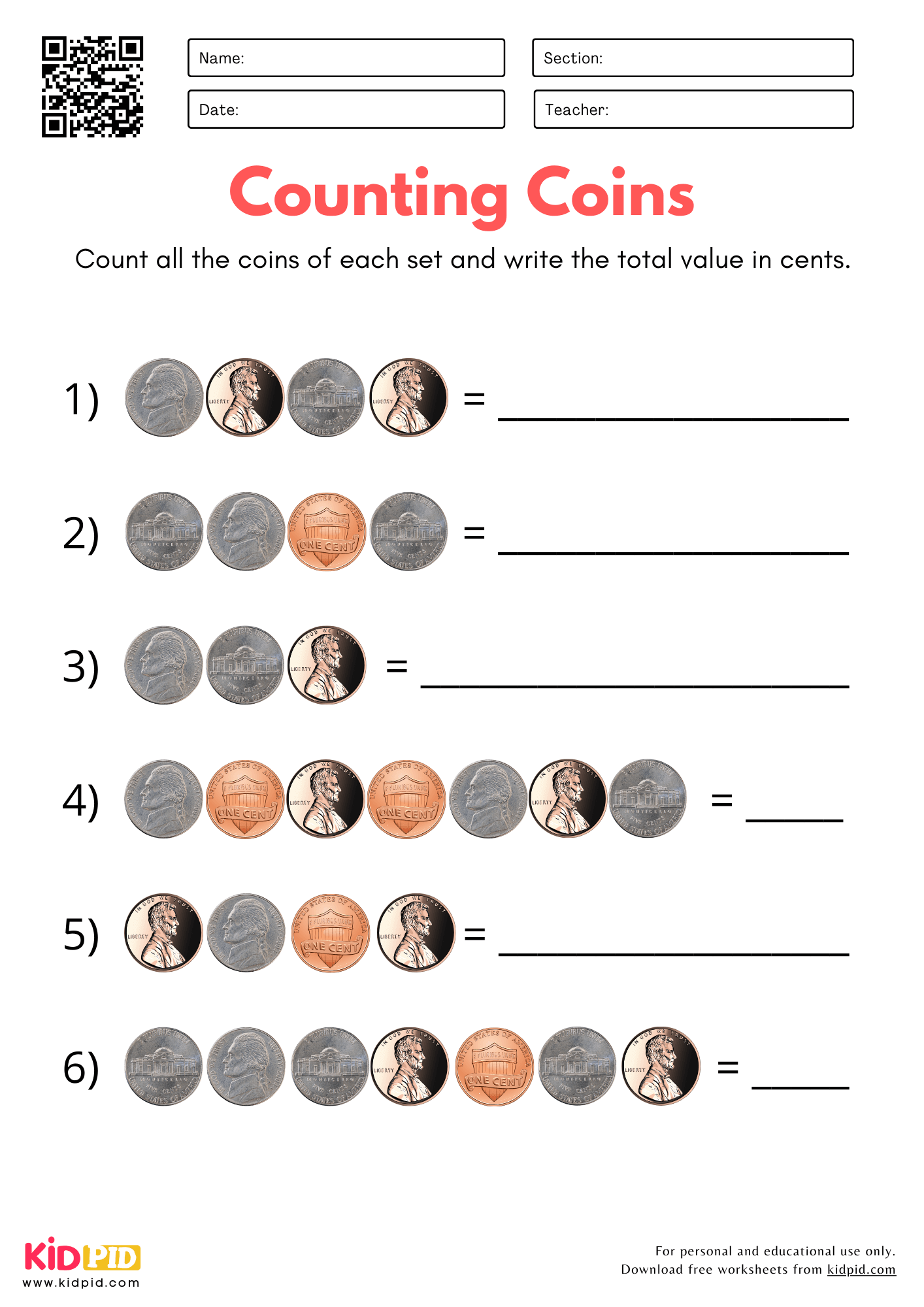 coin counting worksheet