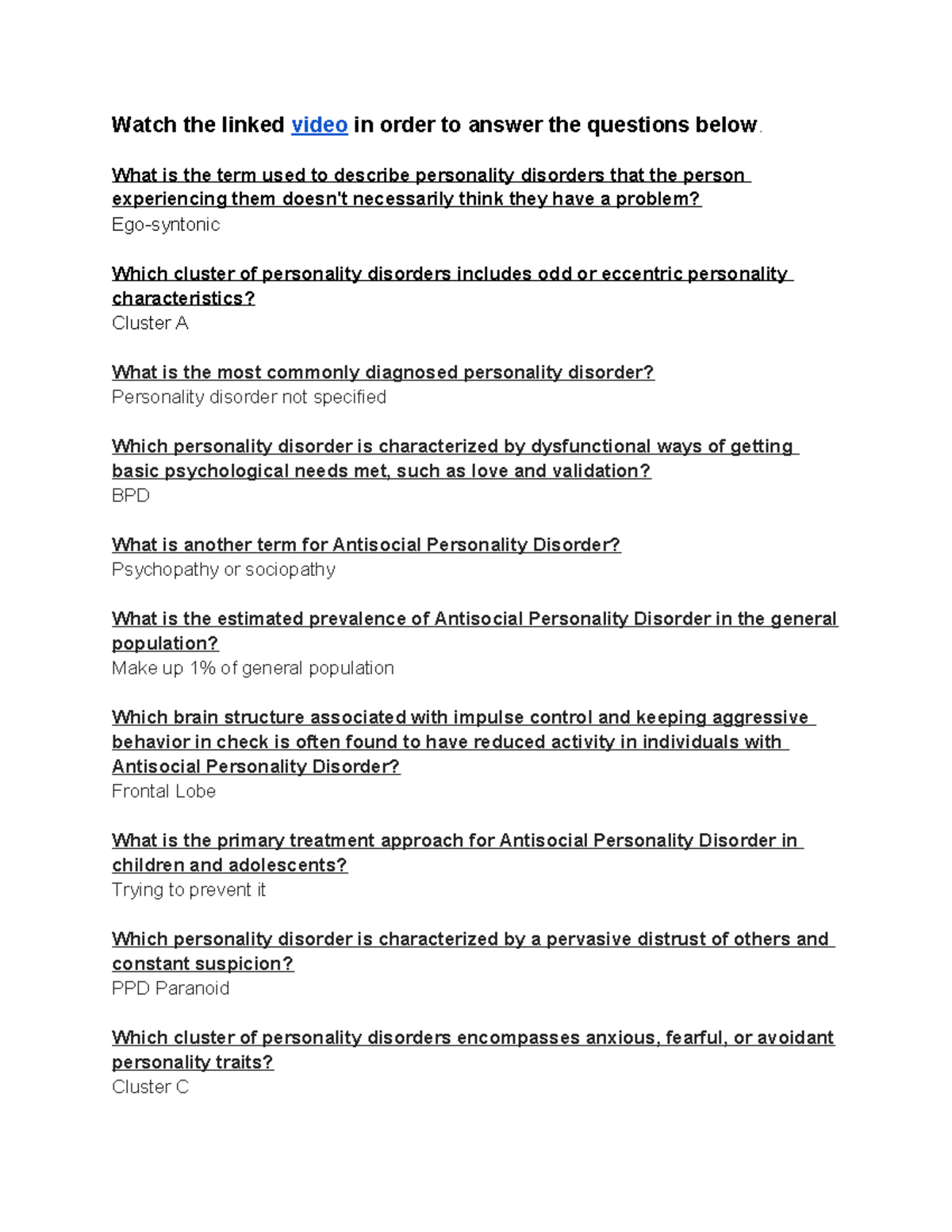 Crash Course Personality Disorders Worksheet Watch The Linked 