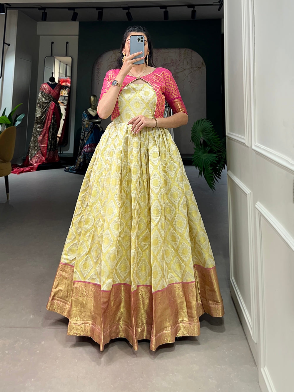 Cream Color Zari Weaving Work Silk Dress Clothsvilla
