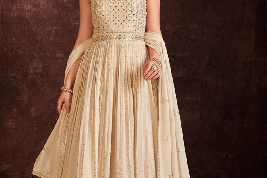 Cream Pure Georgette Ready To Wear Designer Gown Online FABGO20199 FABANZA UK