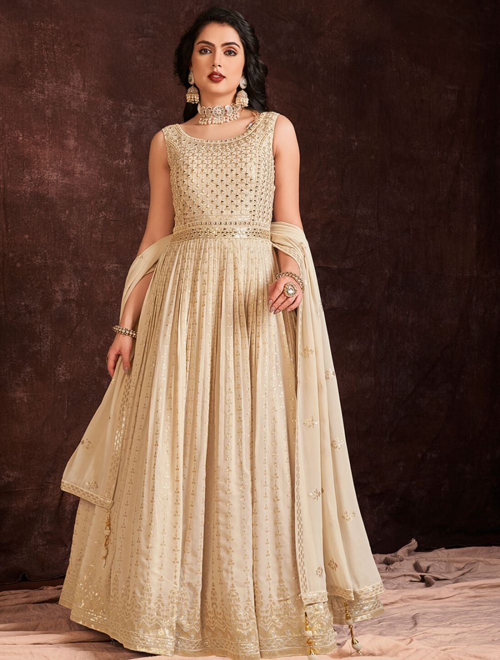 Cream Pure Georgette Ready To Wear Designer Gown Online FABGO20199 FABANZA UK