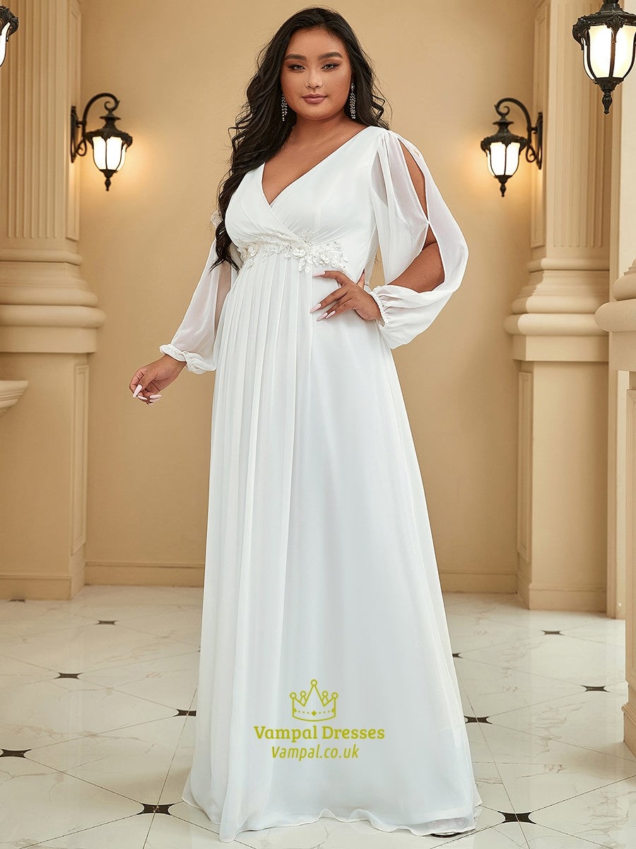 Cream Wholesale Chiffon Plus Size Evening Dresses With Long Lantern Sleeves