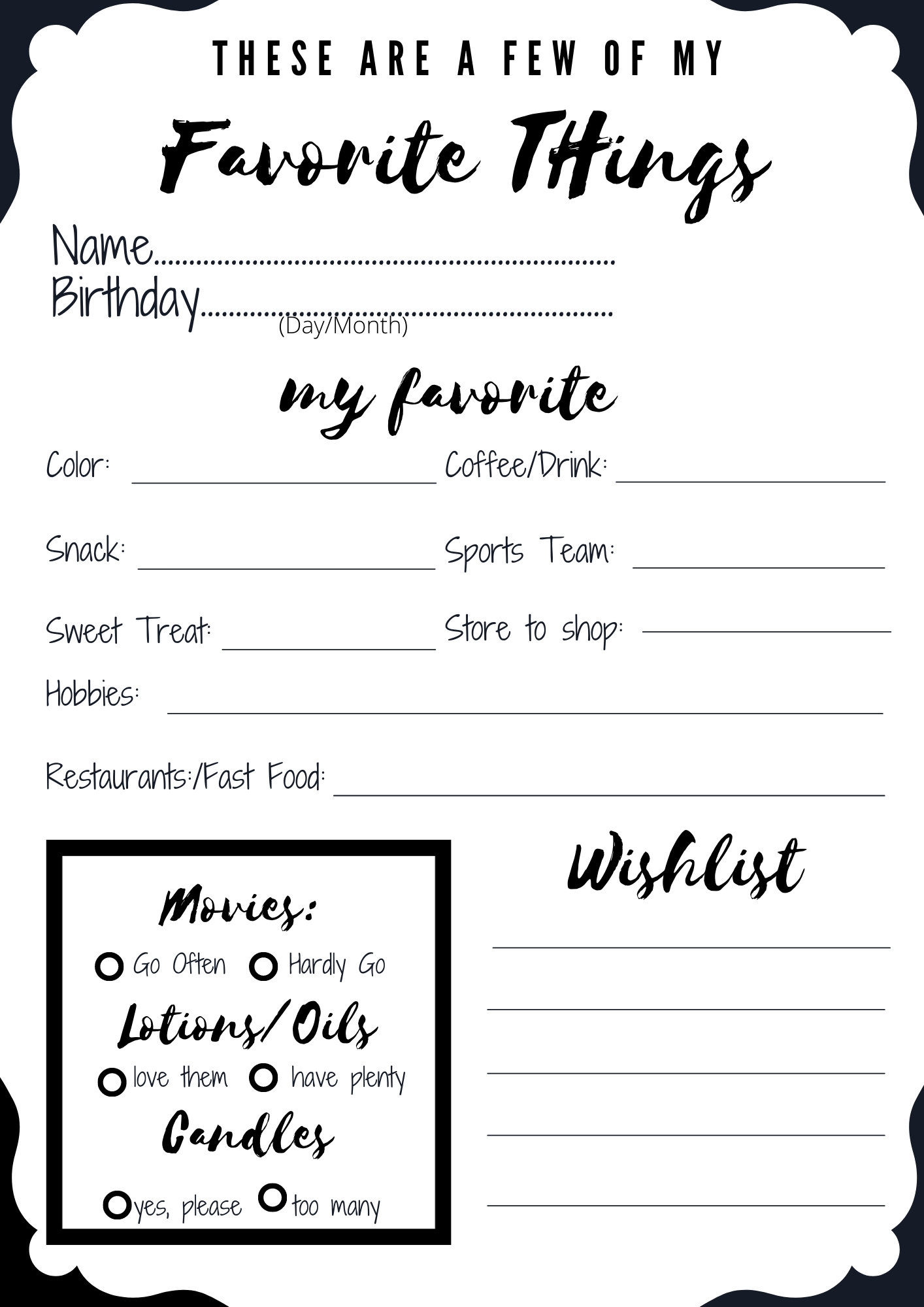 Customizable My Favorite Things Questionnaire 8