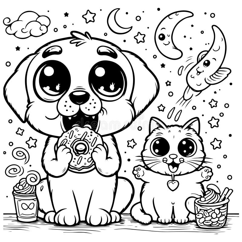 Cute Coloring Page Dog And Cat Enjoying A Nighttime Treat Stock 