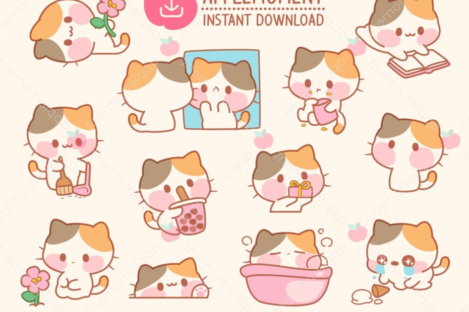Cute Kawaii Printable Digital Stickers Clipart Daily Kitty Cat