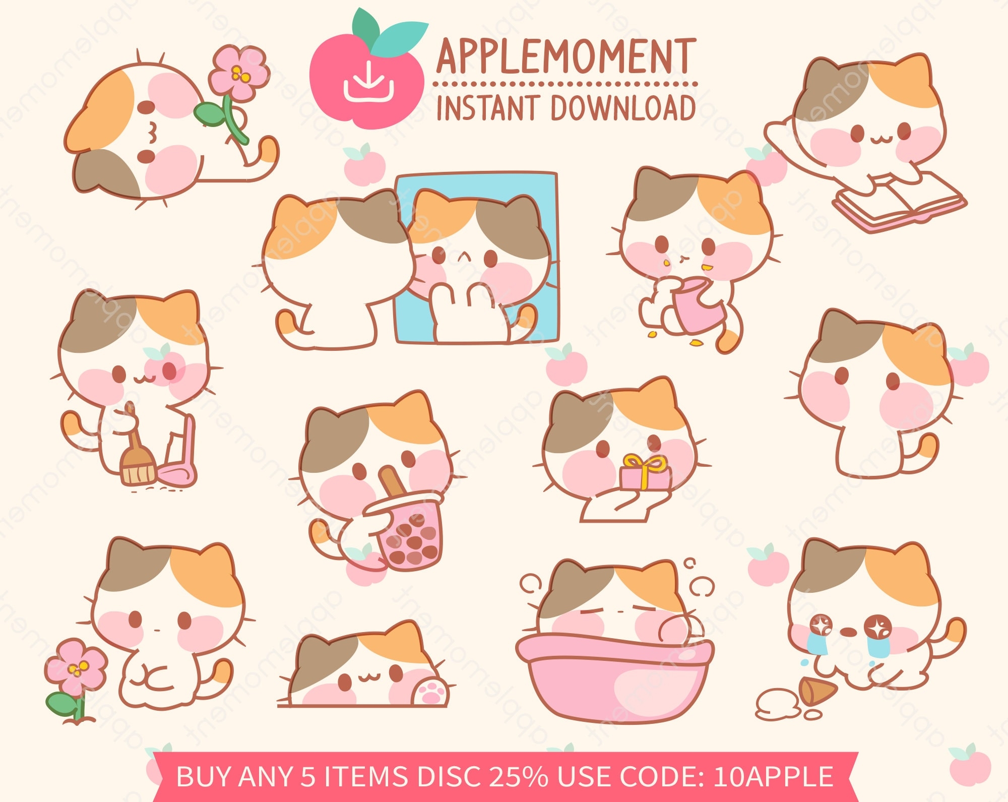 Cute Kawaii Printable Digital Stickers Clipart Daily Kitty Cat 
