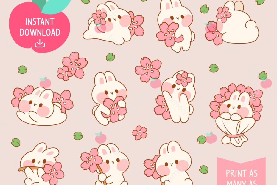 Cute Kawaii Printable Digital Stickers Clipart Rainbow Pink Sakura