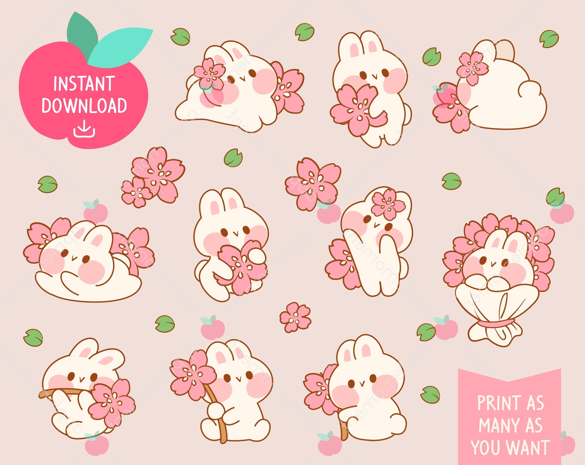 Cute Kawaii Printable Digital Stickers Clipart Rainbow Pink Sakura 
