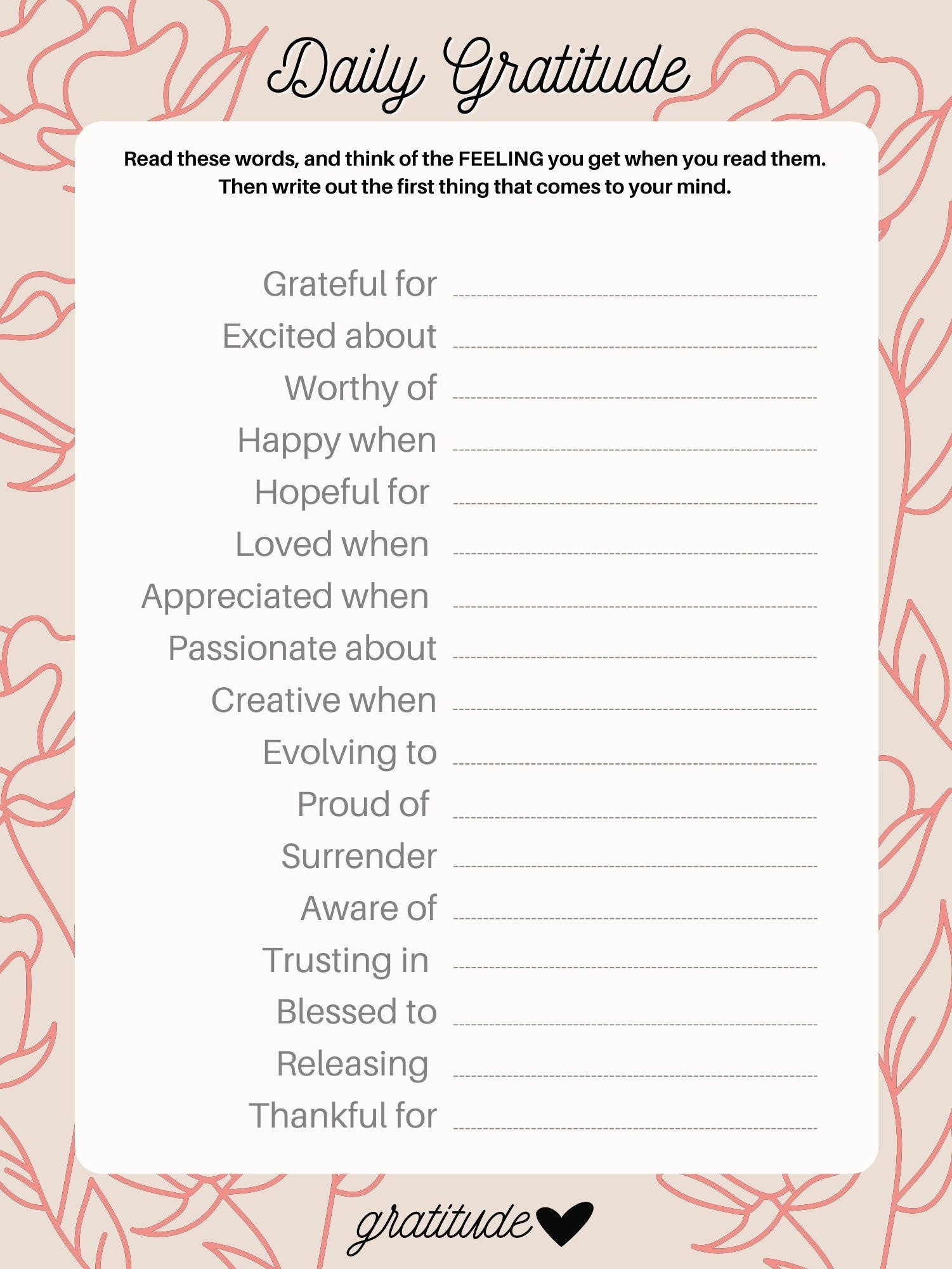 Daily Gratitude Worksheet Self Help Printable Healing U0026 Journaling Page Self Help Gratitude Page Daily Gratitude Journaling Tool