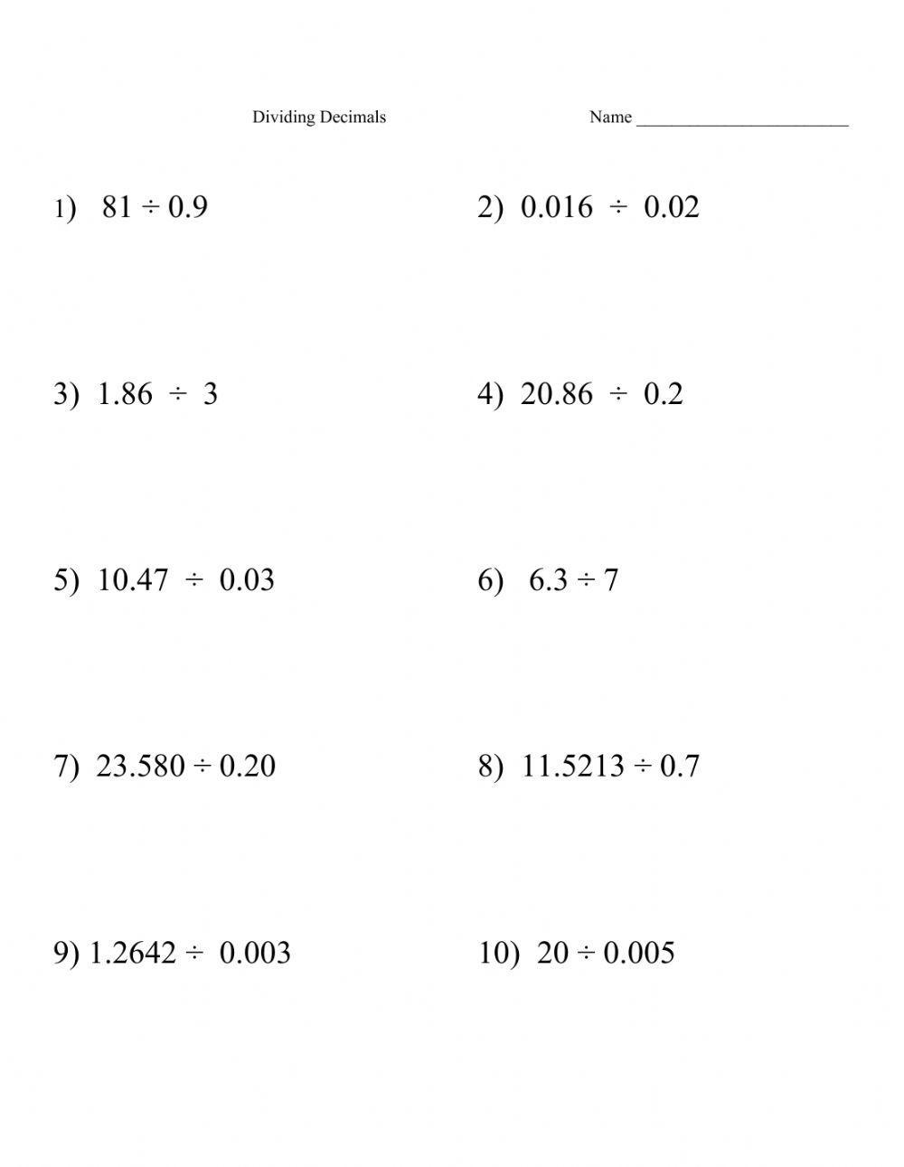 dividing decimals worksheet