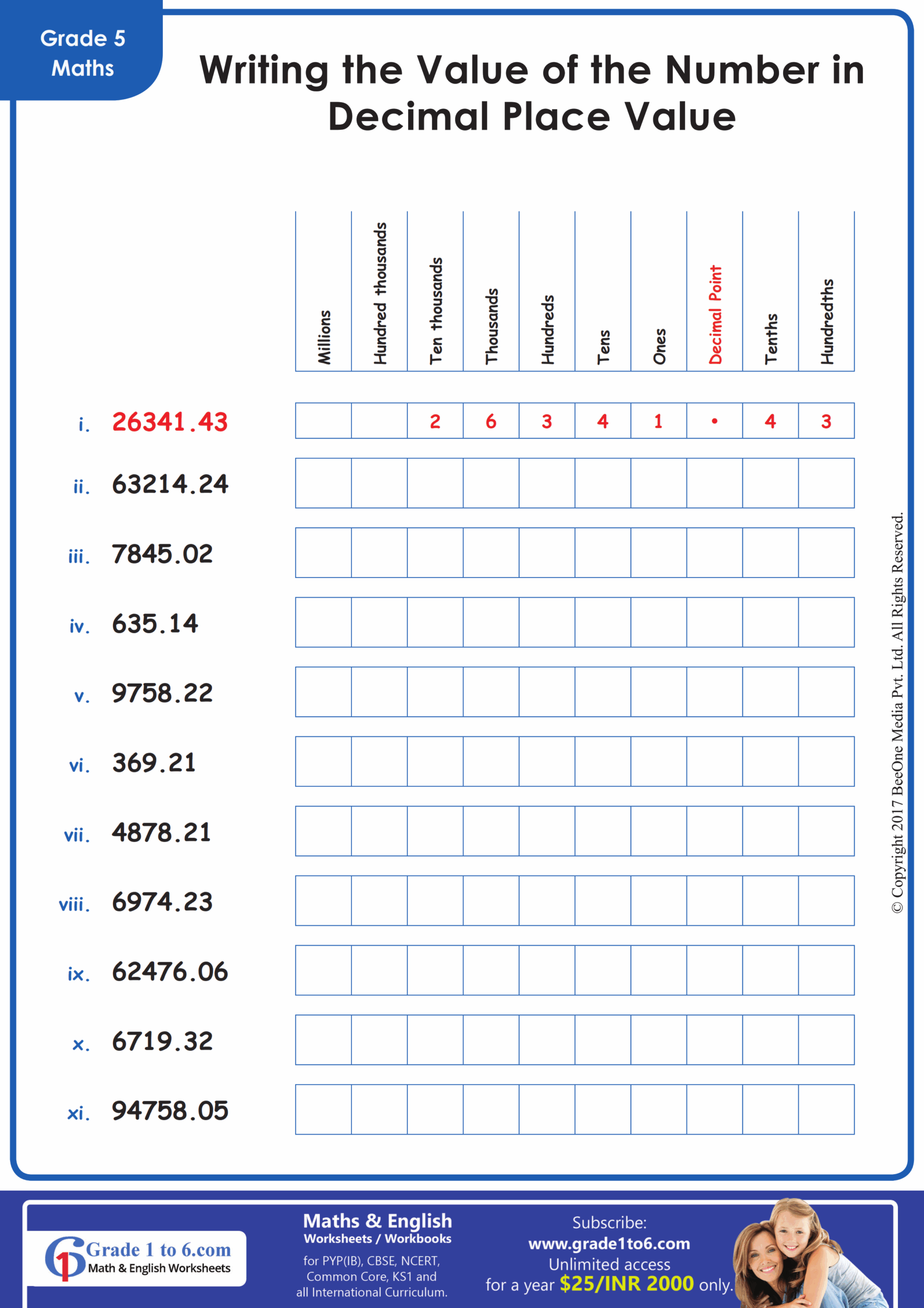 Decimal Place Value Worksheets Grade1to6