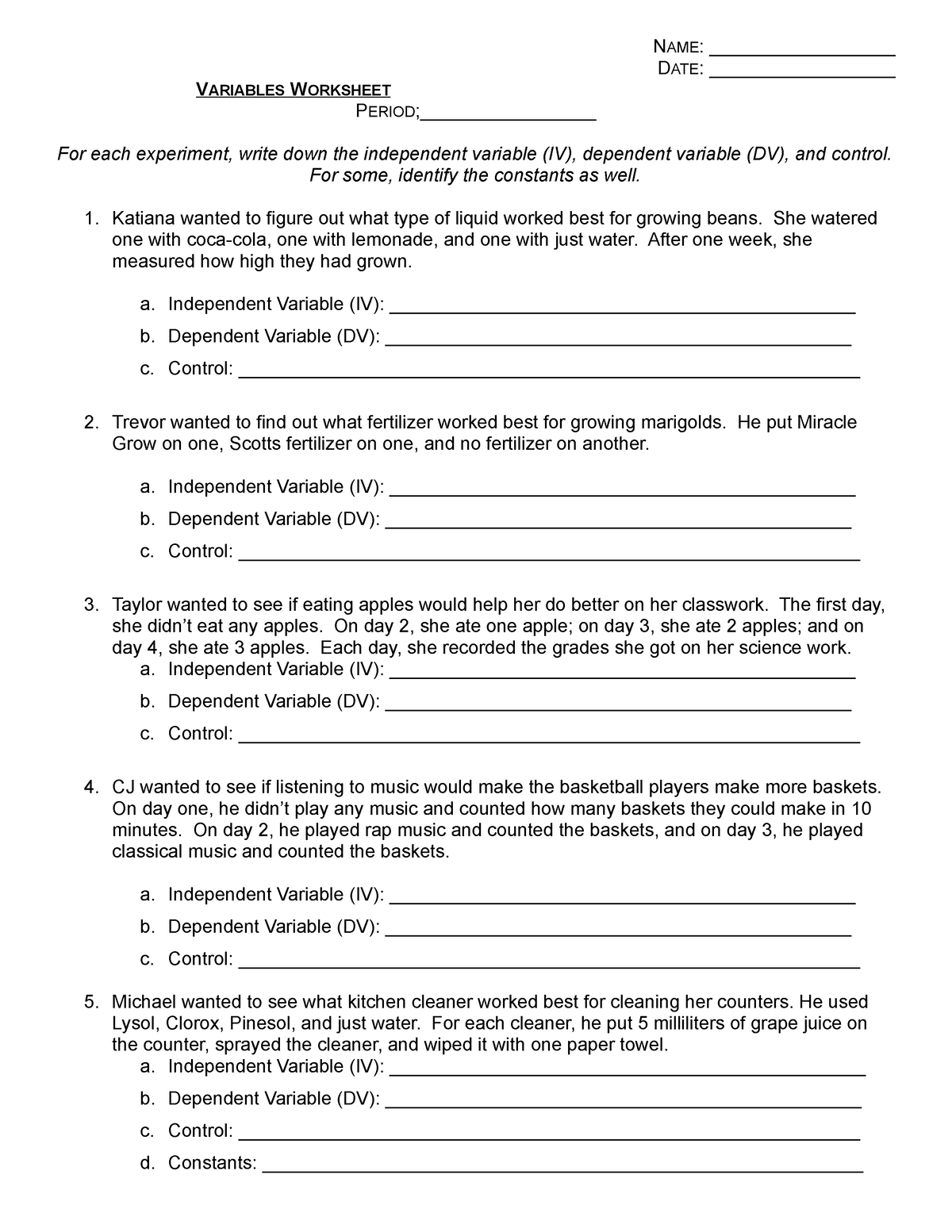 Dependent And Independent Variables Worksheet NAME DATE V Worksheets Library