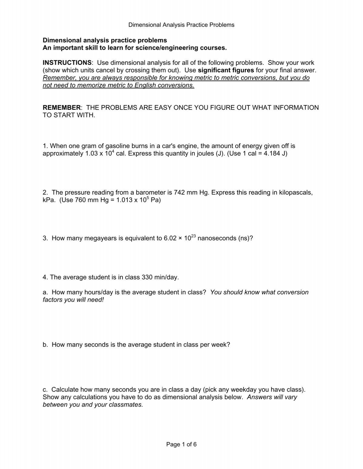 Dimensional Analysis Worksheet 2