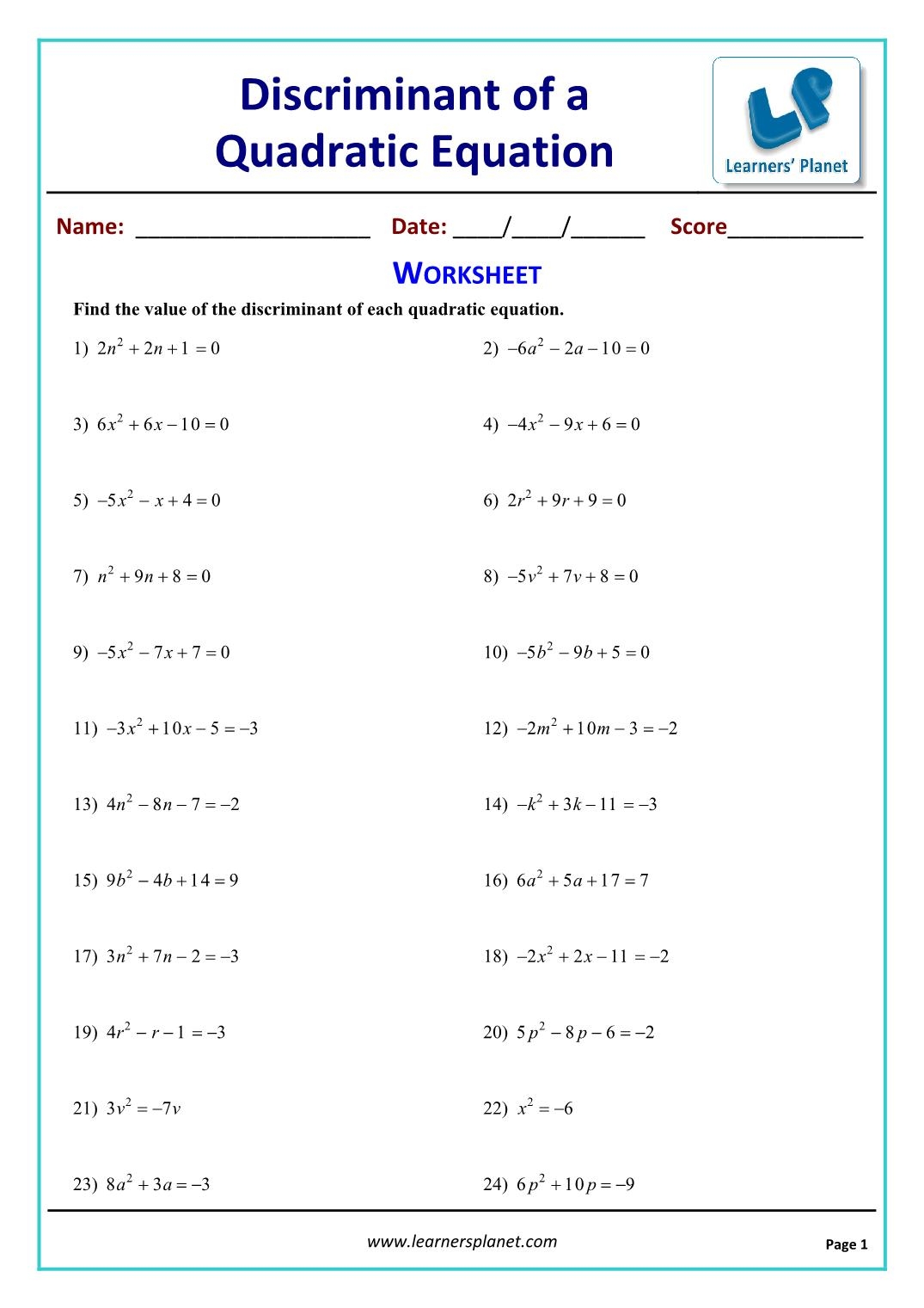 Discriminant of a Quadratic Equation Workbook Worksheets Library