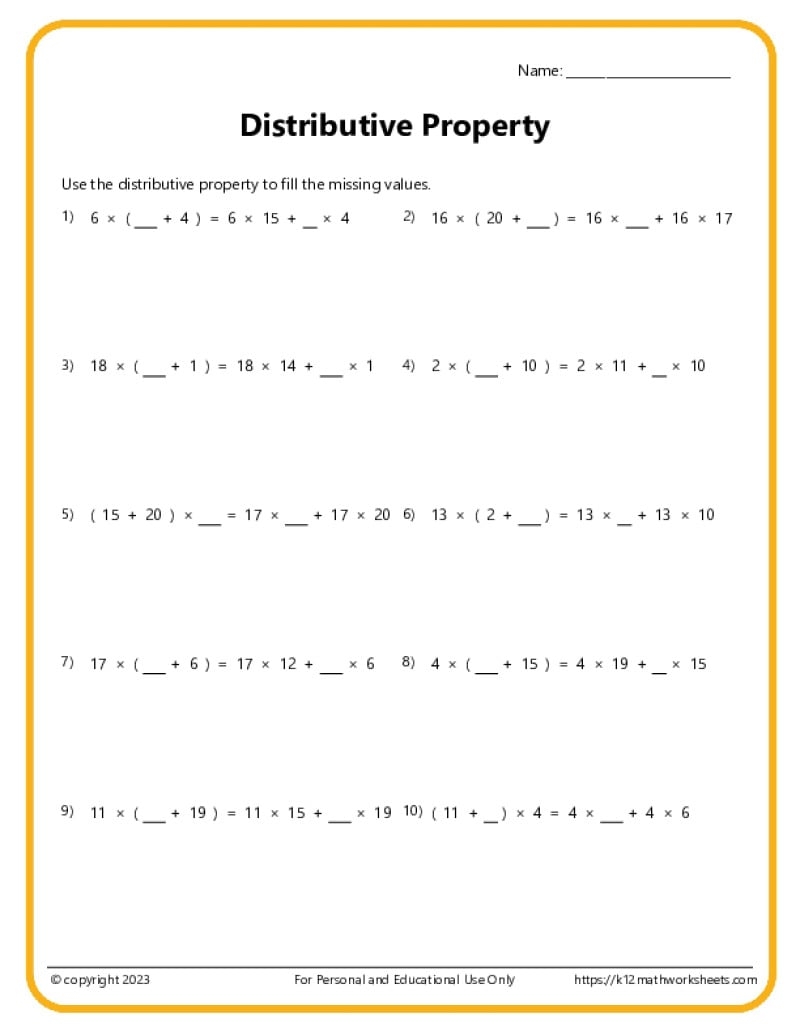 Distributive Property Worksheets