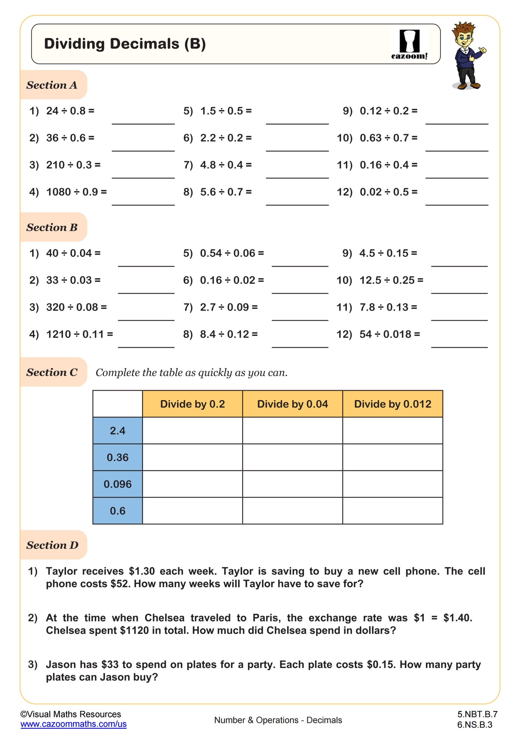Dividing Decimals B Worksheet PDF Printable Number U0026 Operations Worksheet