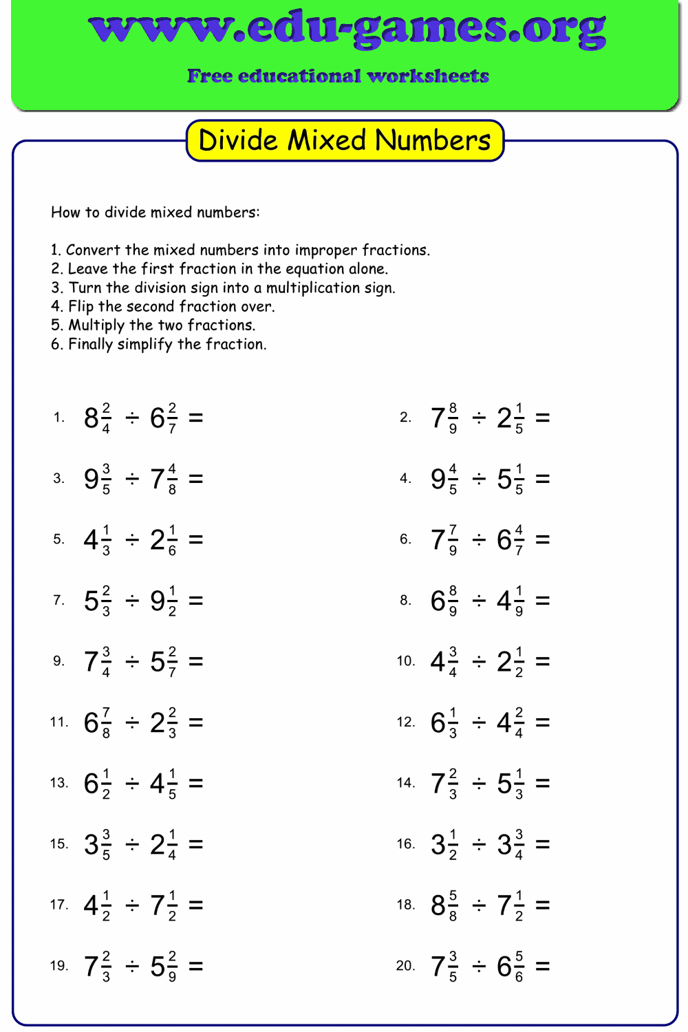mixed fraction multiplication and division worksheet