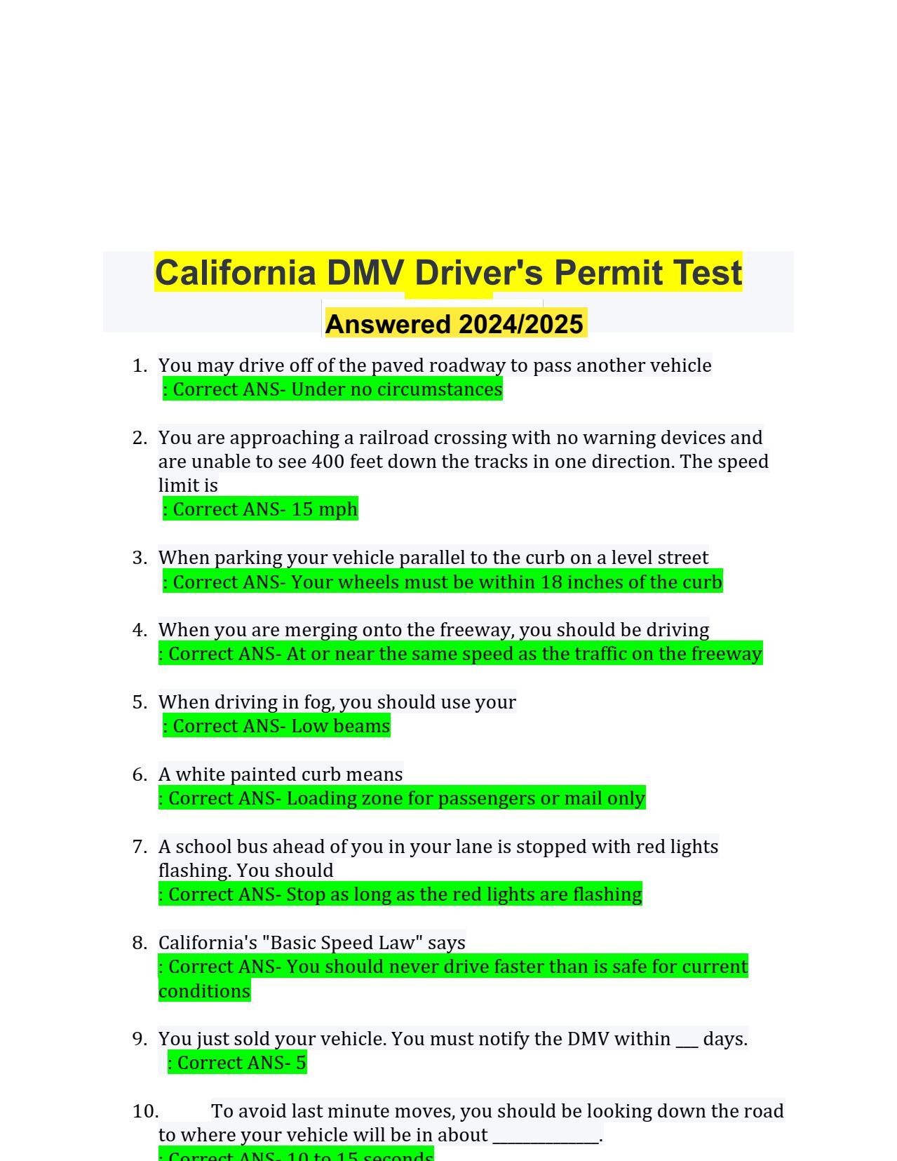 DMV Test For California Permit 2025 CA DMV California Class C Driver Written Test 2024 2025 
