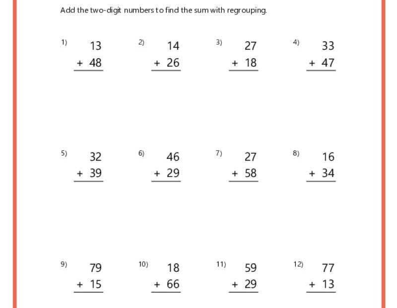 Double Digit Addition With Regrouping Worksheets