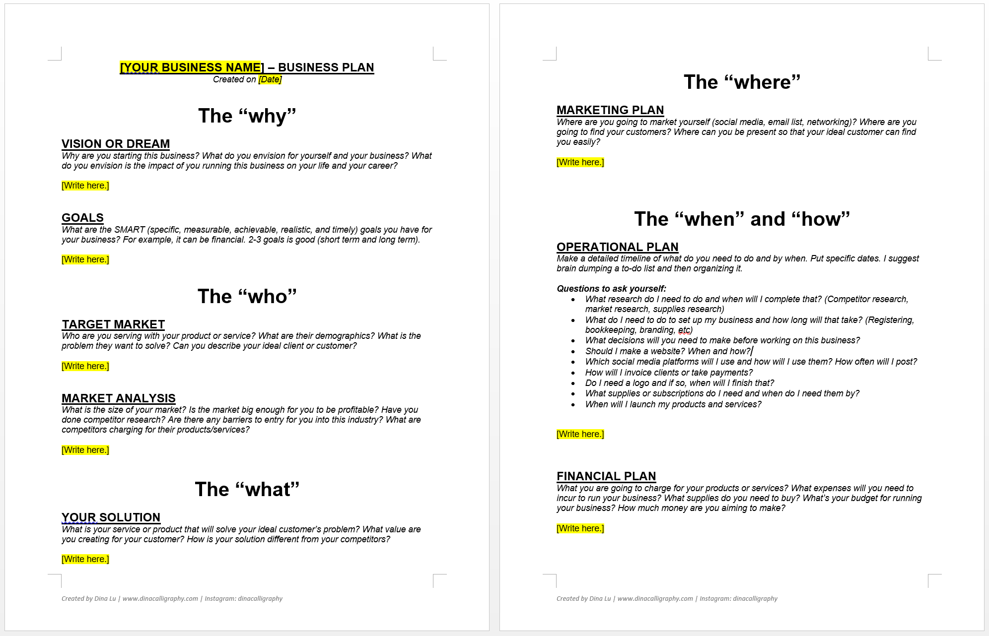 Download Business Plan Template Vancouver Calligrapher Dina Lu