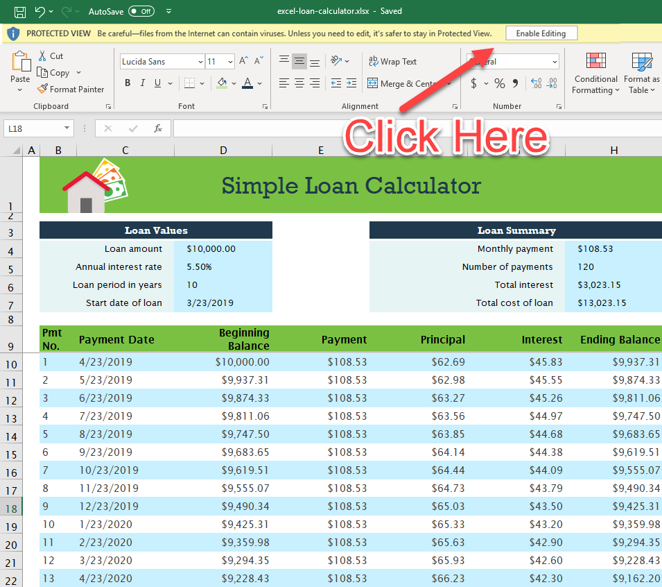 Download Microsoft Excel Simple Loan Calculator Spreadsheet XLSX 