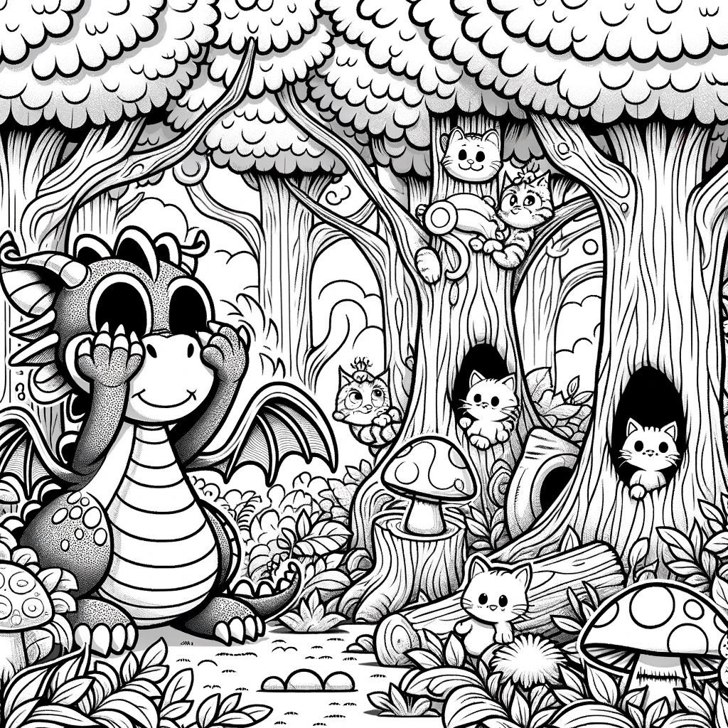 Dragons And Kitty Cats Coloring 26 page Downloadable Digital Art 
