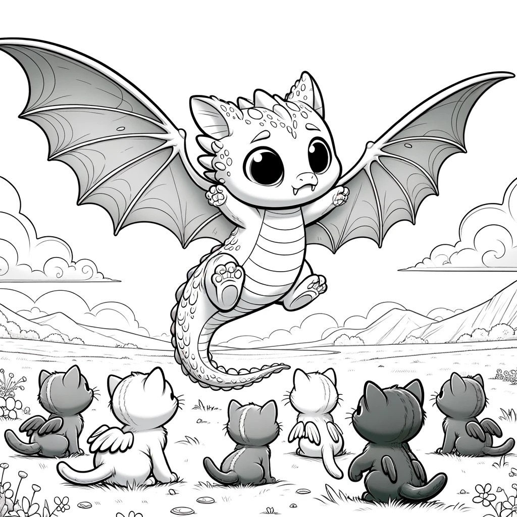 Dragons And Kitty Cats Coloring 26 page Downloadable Digital Art 