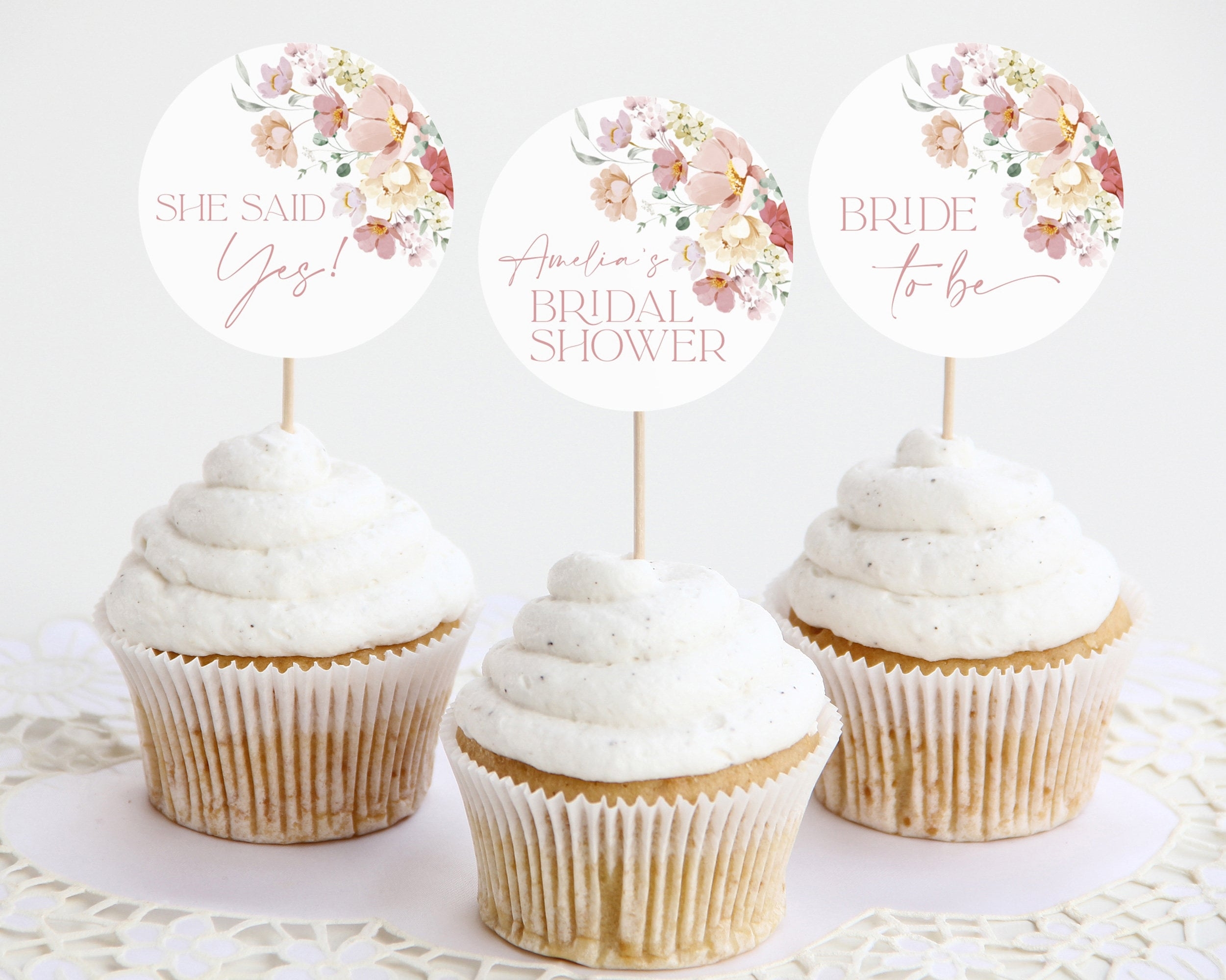 Editable Bridal Shower Cupcake Toppers Blush Floral Bridal Shower 