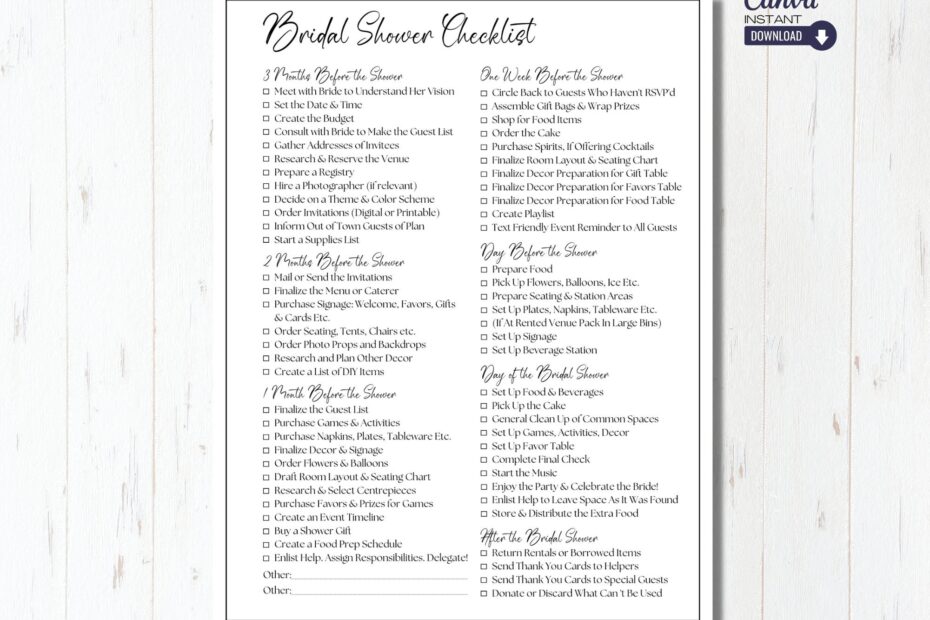 Editable Bridal Shower Planning Checklist Template Printable